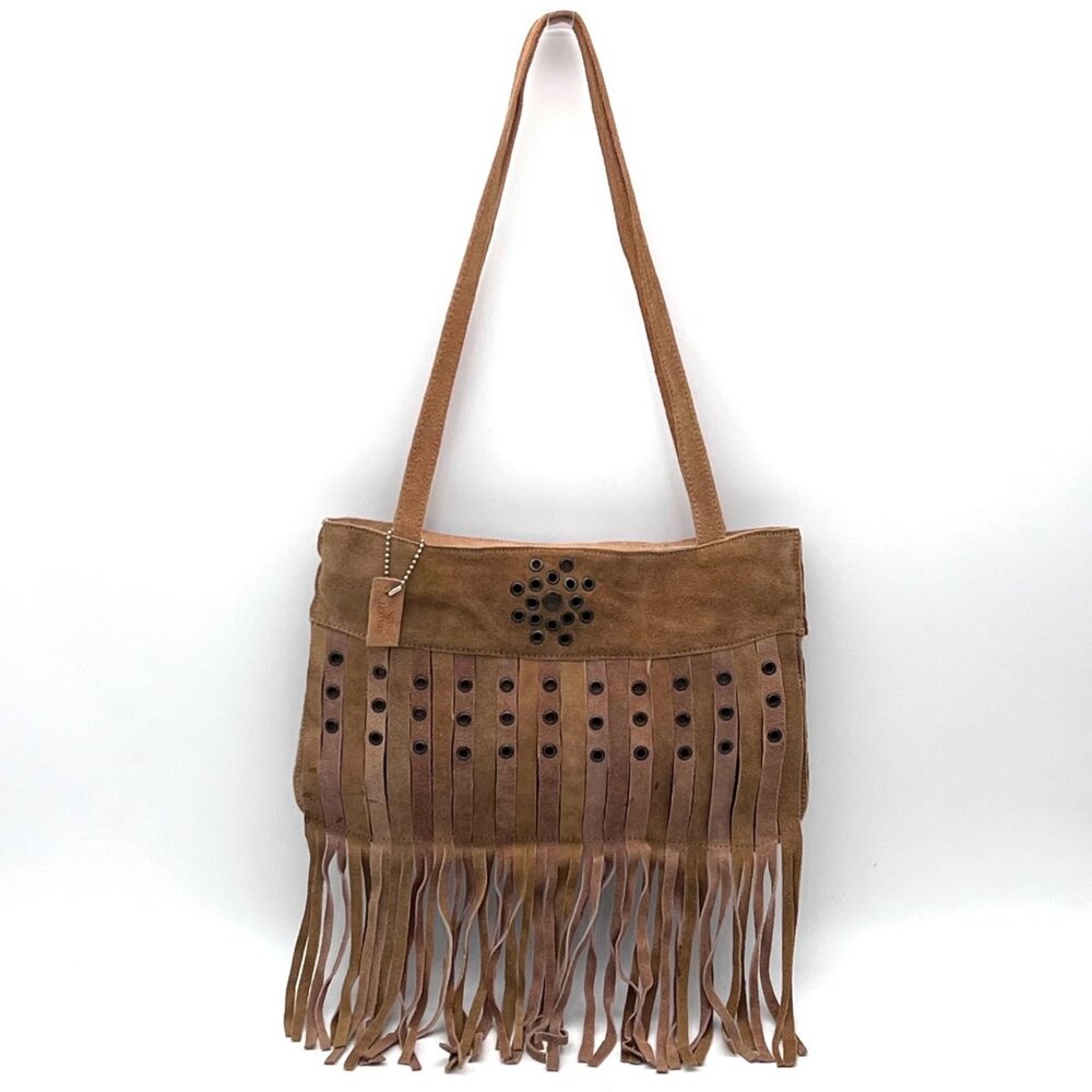 Genuine Leather Fringe Handbag Purse Grommet Brown Shoulder Strap Zip Pockets - Picture 2 of 12